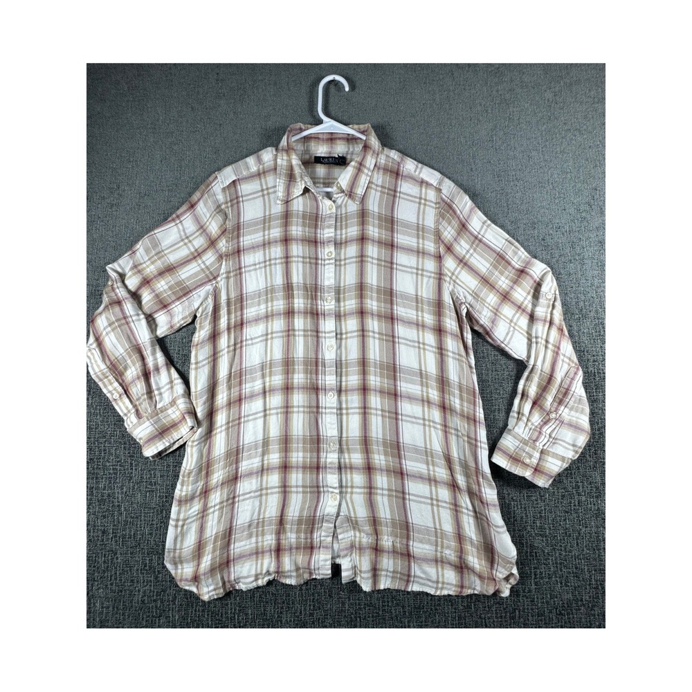 Lauren Ralph Lauren Womens XL Plaid Button Down Shirt Tan Burgundy Long Sleeve